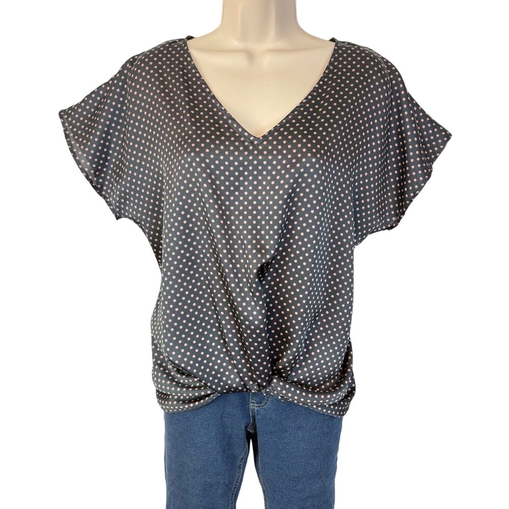 West Kei Navy Pink Polka Dot Twist Front Top V neck Short Sleeves Loose Fit
